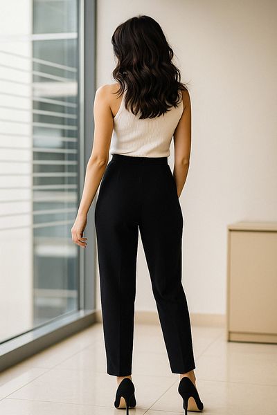 Ceylen High Waist Belt Detailed Black Fabric Trousers