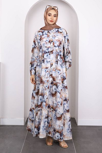 İmajButik Μπλε φόρεμα με μισό κουμπί με μοτίβο