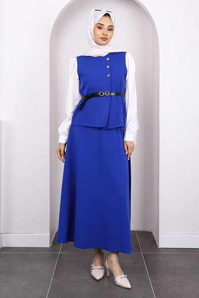 İmajButik Saks Μπλε πουκάμισο Γιλέκο Φούστα 3 τεμαχίων Συνδυασμός Κοστούμι