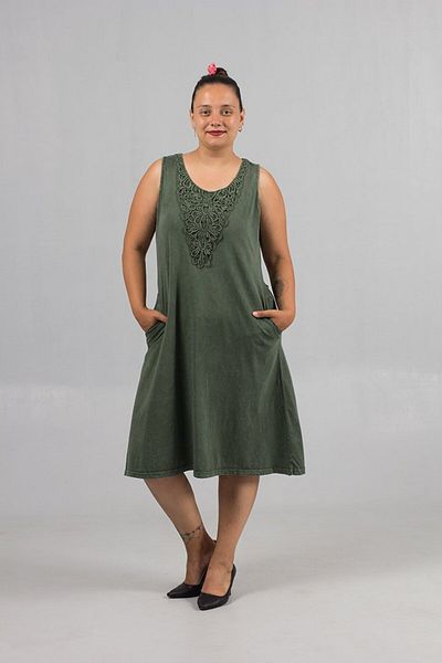 Truva XXL Green Washed Sleeveless Guipure Detailed Cotton Plus Size Dress – Spirit of Nature!
