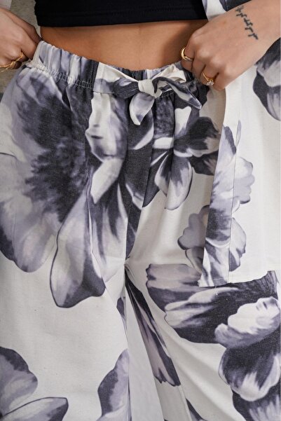 SheLoria Women's Gray White Floral Patterned Bottom Top Kimono Pants Linen Blend Set