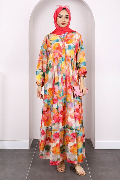 İmajButik Φούξια Φόρεμα με μισό κουμπί με μοτίβο