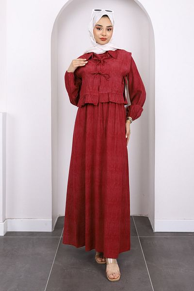 İmajButik Φόρεμα με μπορντό γιλέκο συνδυασμένο ελαστικό στη μέση