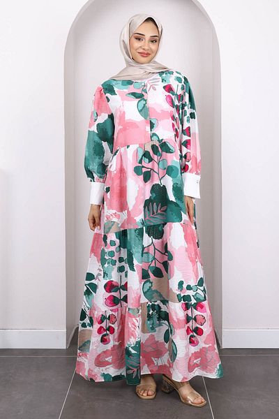 İmajButik Φόρεμα με πράσινο σχέδιο με μισό κουμπί