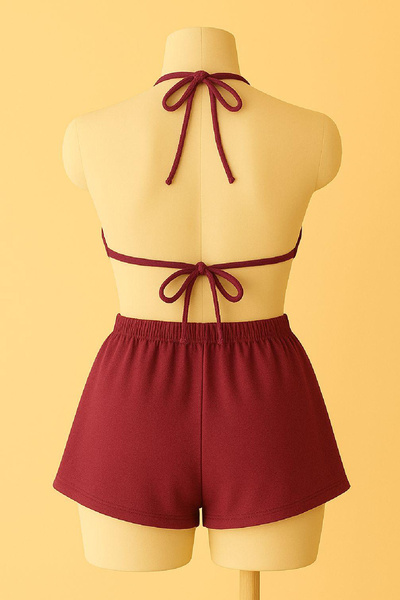babatr.com Women's Burgundy Shorts Waist and Neck Tie Bikini Set