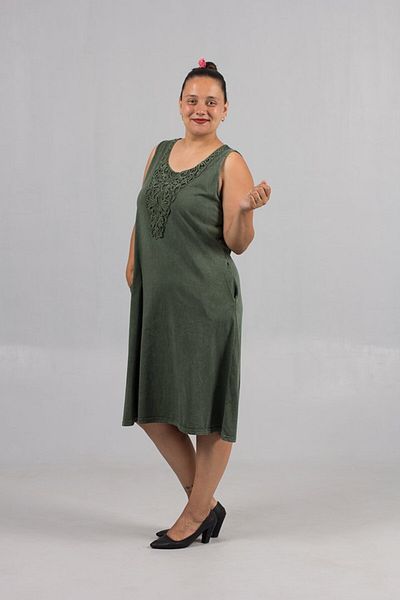 Truva XXL Green Washed Sleeveless Guipure Detailed Cotton Plus Size Dress – Spirit of Nature!