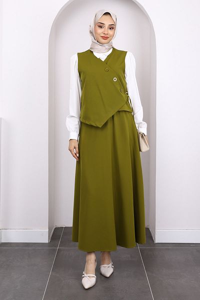İmajButik Λαδί Πράσινο Πουκάμισο Γιλέκο Φούστα 3 τεμαχίων Συνδυασμός Σετ