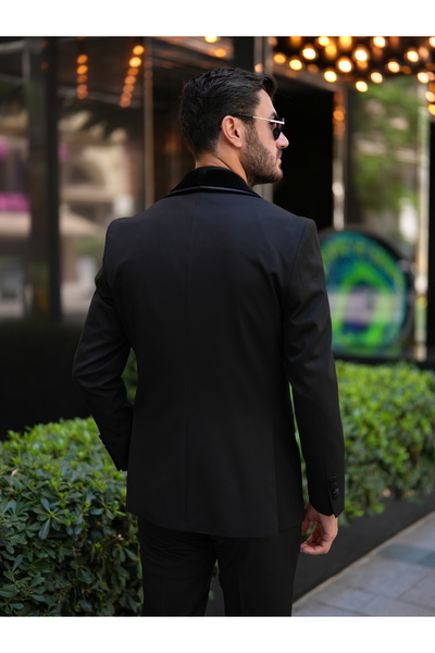 LONATOLİA Erkek İtalyan Stil Slim Fit Şal Taşlı Yaka Smokin Damatlık Ceket Yelek Pantolon Papyon-Siyah