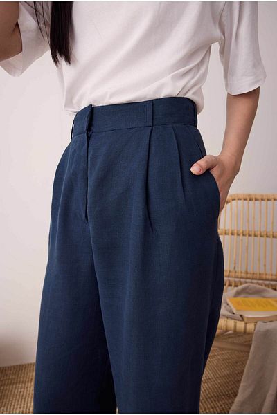HEQA Πλισέ Basic Λινό Παντελόνι Midnight Blue