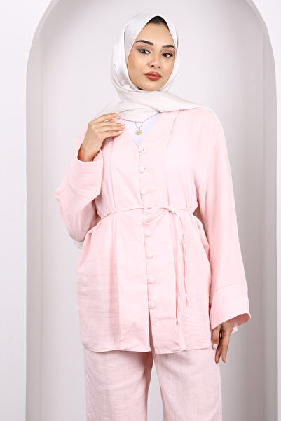 İmajButik Powder Pink Shirt Pants Muslin Set
