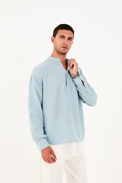 No Way Erkek Regular Fit %100 Pamuk Müslin Hakim Yaka Yarım Pat Gömlek