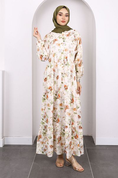 İmajButik Tile Half Button Skirt Layered Pattern Dress