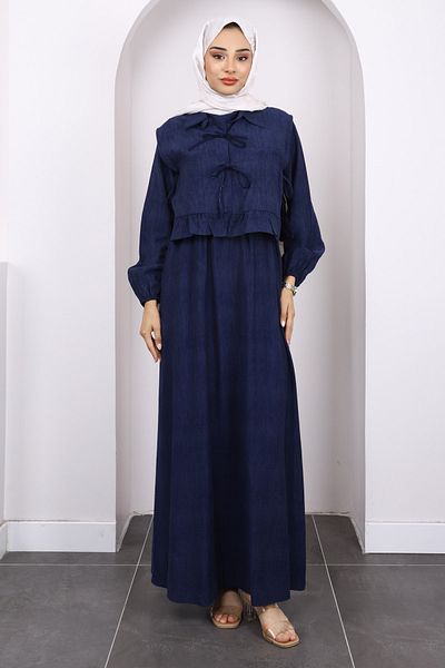 İmajButik Μπλε γιλέκο με ελαστικό φόρεμα μέσης