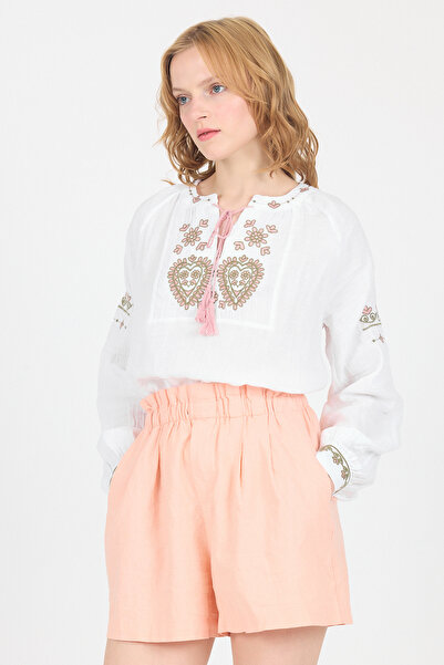 Rays White 100% Cotton Ethnic Embroidery Detailed Muslin Shirt 6323