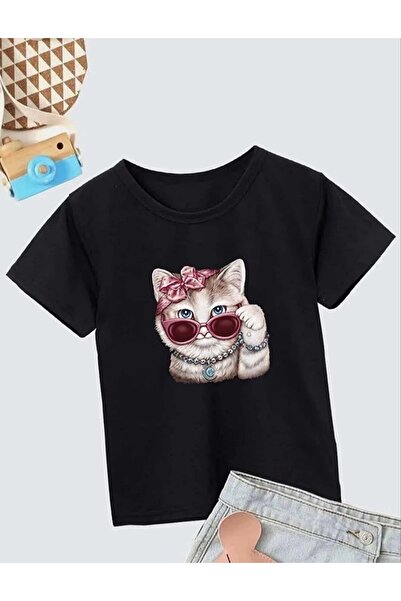 MODA Tricou cu imprimeu pentru fete cu decolteu - negru