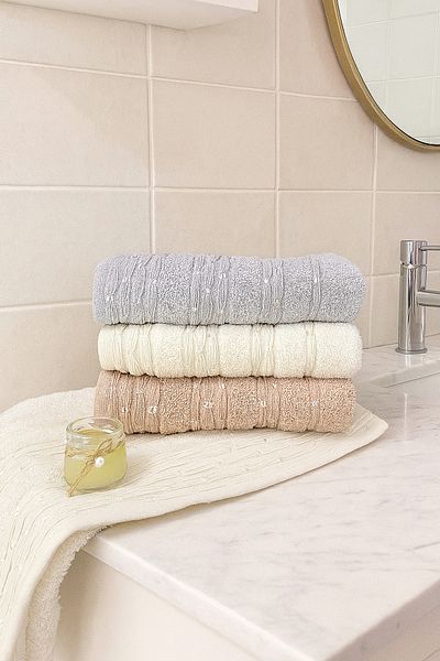Bonny Home Set de 3 prosoape pentru mâini și față cu model perlat – 50x90 cm 100% bumbac, textura moale, modelată