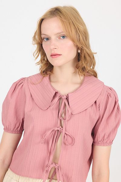 Rays Rose Tie Detailed Baby Collar Crop Blouse 8064