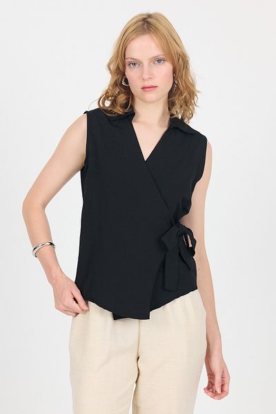 Rays Black Side Tie Detailed Sleeveless Double Breasted Blouse 8047