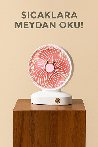 YK Design 2 Kademeli Mini Masaüstü Fan – Sessiz, USB Şarjlı, 4 Pervaneli, Pembe