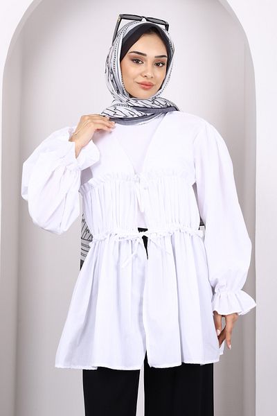 İmajButik Kimono alb cu volane cu legare în față