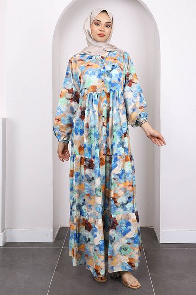 İmajButik Φόρεμα Saks Blue με μισό κουμπί με μοτίβο φούστας