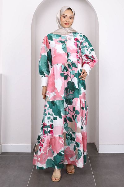 İmajButik Φόρεμα με πράσινο σχέδιο με μισό κουμπί