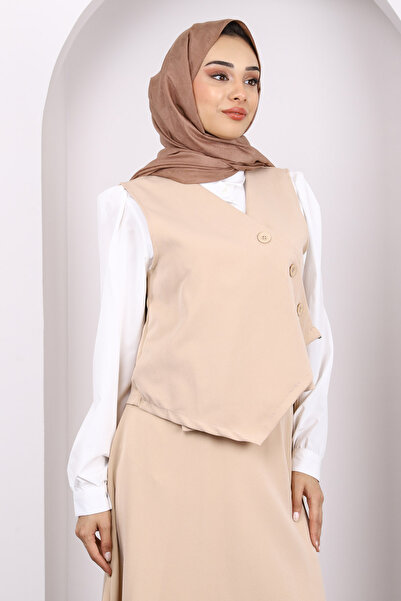 İmajButik Μπεζ πουκάμισο γιλέκο φούστα 3 τεμαχίων συνδυασμένο κοστούμι