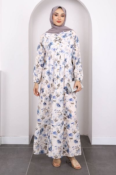 İmajButik Navy Blue Half Button Skirt Layered Patterned Dress