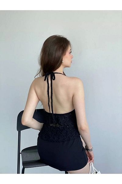 VibeGaia Lace Halter Neckline Back Low-Cut See-Through Layered Crop Blouse
