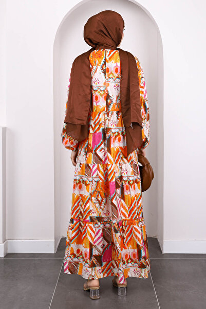 İmajButik Orange Half Button Skirt Layered Patterned Dress