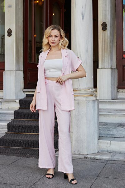 Jument Women's Silky Modal Fabric Collar Off-Shoulder Epaulet Waist Belt Short Sleeve Button Jacket-Pink