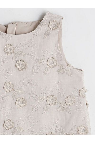 LC Waikiki Lcw Kids Beige Crew Neck Flower Embroidery Girl Dress