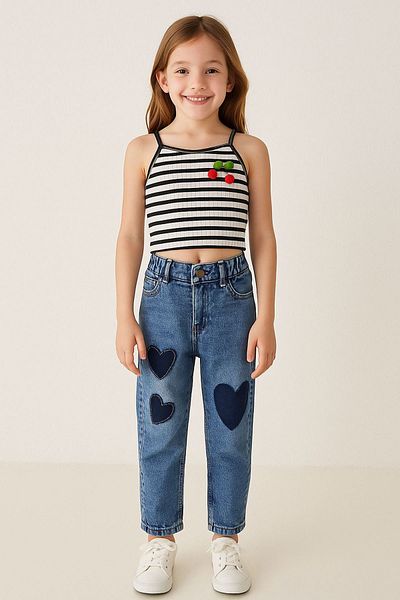 Minigimin Cicileri Mini Girl's Tube Leg Jeans with Heart Shadow Pattern - Blue