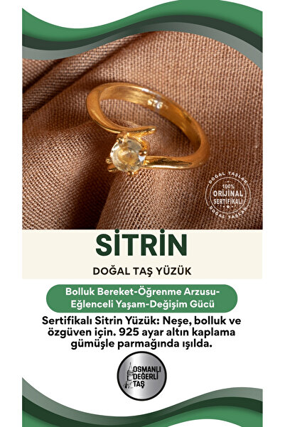OSMANLI DEĞERLİ TAŞ SERTİFİKALI Sitrin Doğal Taş Gümüş Altın Kaplama Yüzük