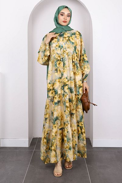 İmajButik Μουσταρδί Φόρεμα με μισό κουμπί με μοτίβο