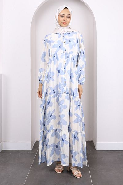 İmajButik Rochie albastră cu model cu fustă cu jumătate de nasturi