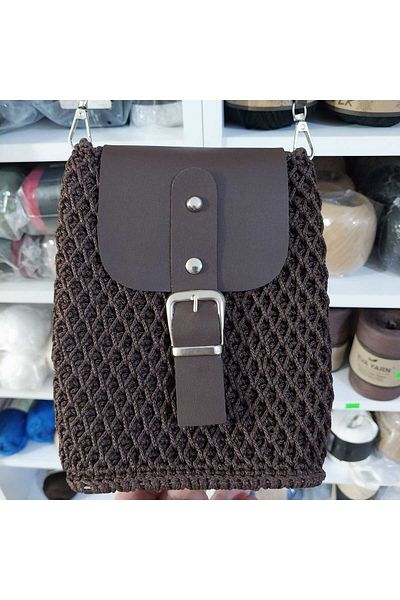 HOBİ Phone Knitted Bag 19*14 cm Light Brown Color with Long Postman Handle