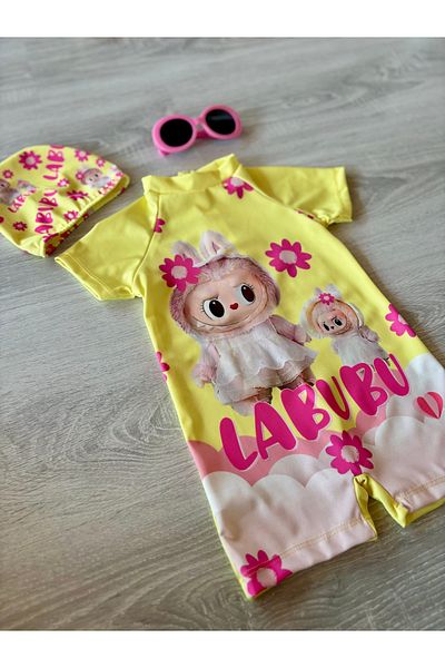 Miracle Kids Girl's Zipper Detailed Swimsuit and Bonnet Set of 2 - Labubu and Floral Pattern