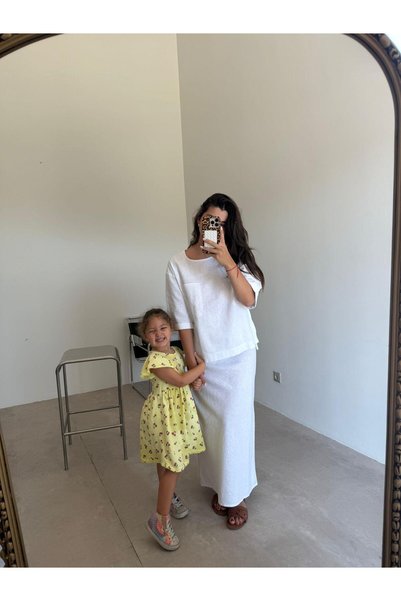 Bade Butik Ekru Cep Detaylı Etekli Keten Takım