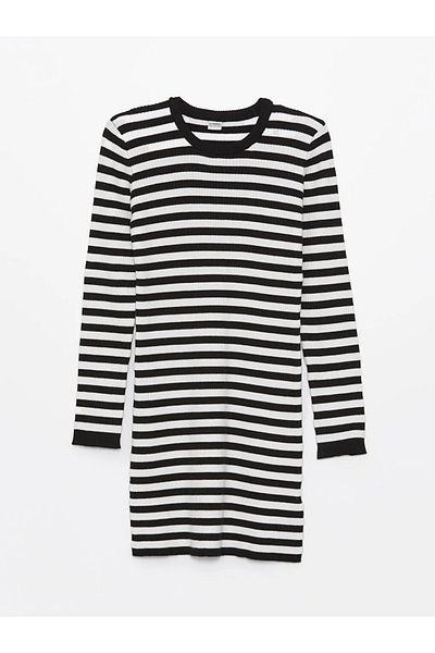 LC Waikiki Lcw Kids Black Crew Neck Striped Long Sleeve Girls Knitwear Dress