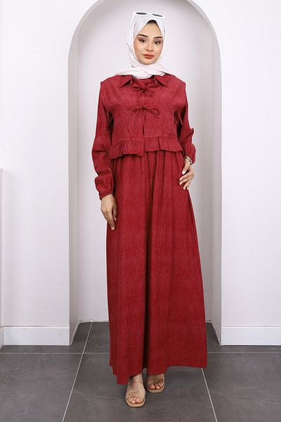 İmajButik Φόρεμα με μπορντό γιλέκο συνδυασμένο ελαστικό στη μέση