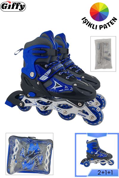 giffy Vr1 - Sport Metal Lighted Adjustable Practice Skates 2+1+1 Silicone Wheels with Tip Protection