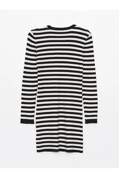 LC Waikiki Lcw Kids Black Crew Neck Striped Long Sleeve Girls Knitwear Dress