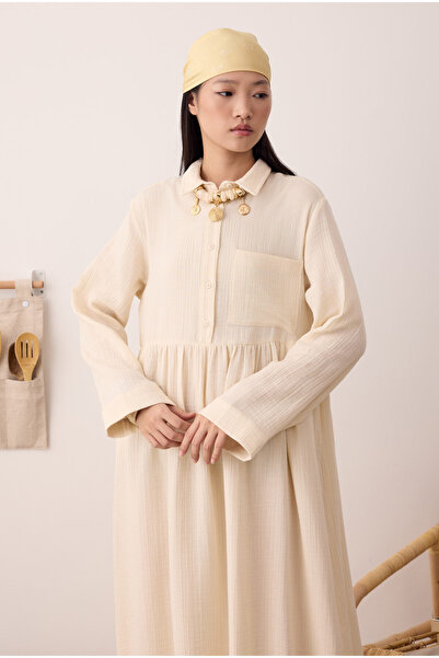 HEQA Μουσελίνα Συσπειρωμένη Μέση Φόρεμα Κόκκαλο