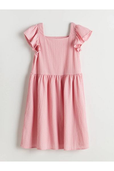 LC Waikiki Pink Plain Ruffle Girl's Dress