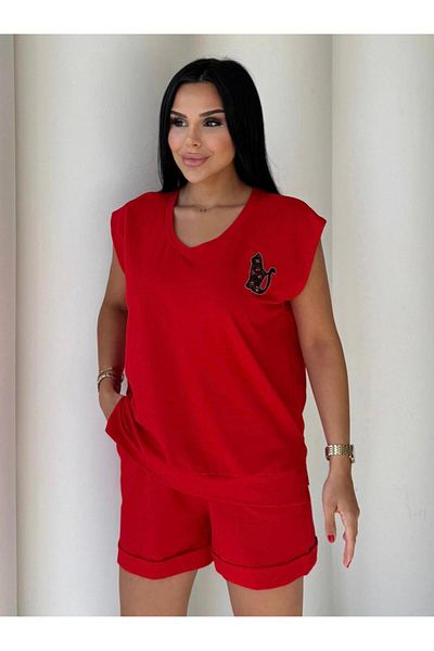 EGZOTİK ASORTİK Combed Cotton Stone Detailed Tshirt Shorts Set