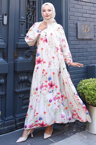 hafsamina Floral Dress with Elastic Sleeves Cream Hm2793