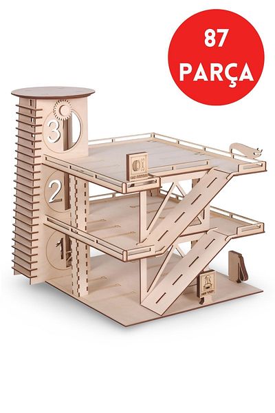ALGWOOD 3 Storey Wooden Car Parking Model – 87 Piece High Tower Parking Set - Educational Toy Garage Set