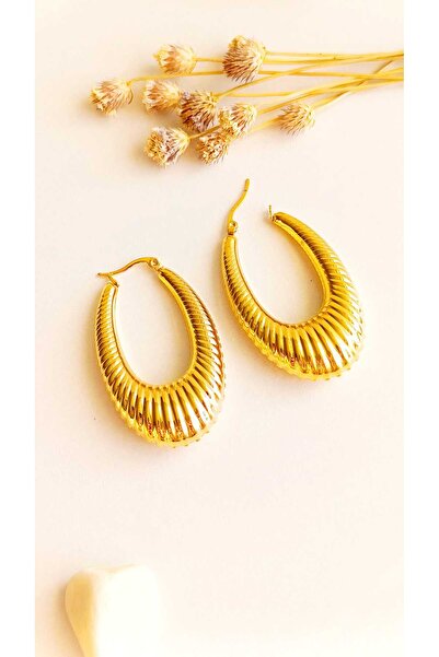 RSB Bijuteri Küpe Oval Sallantılı Altın Kaplama 316 L Çelik + Hediye Paket