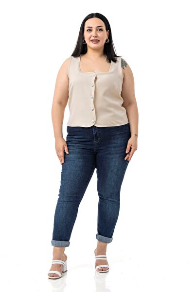 DISENTIS MODEST Plus Size Button Detailed Beige Blouse Vest